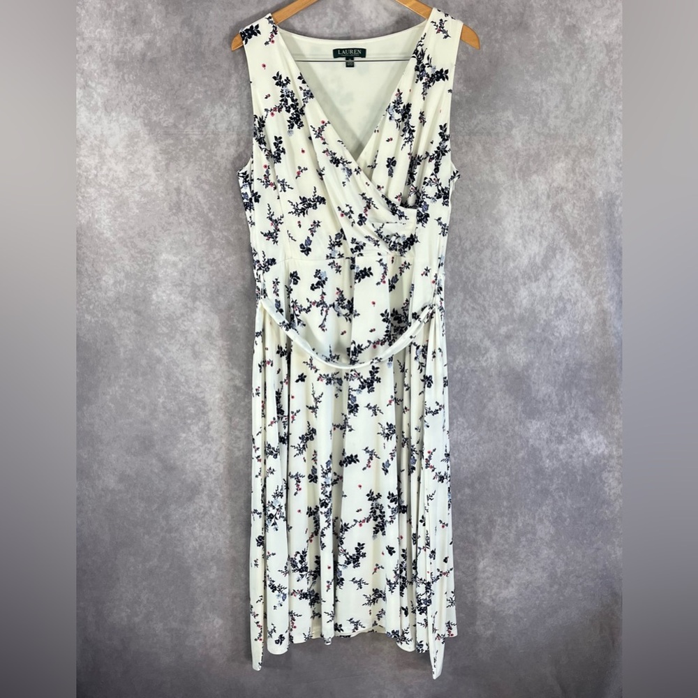 Ralph Lauren Midi Dress Womens 14 White Floral Sleeveless Belted V-Neck Lined